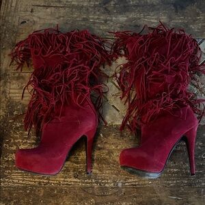 Shoe Dazzle Red Fringed Heeled Boots